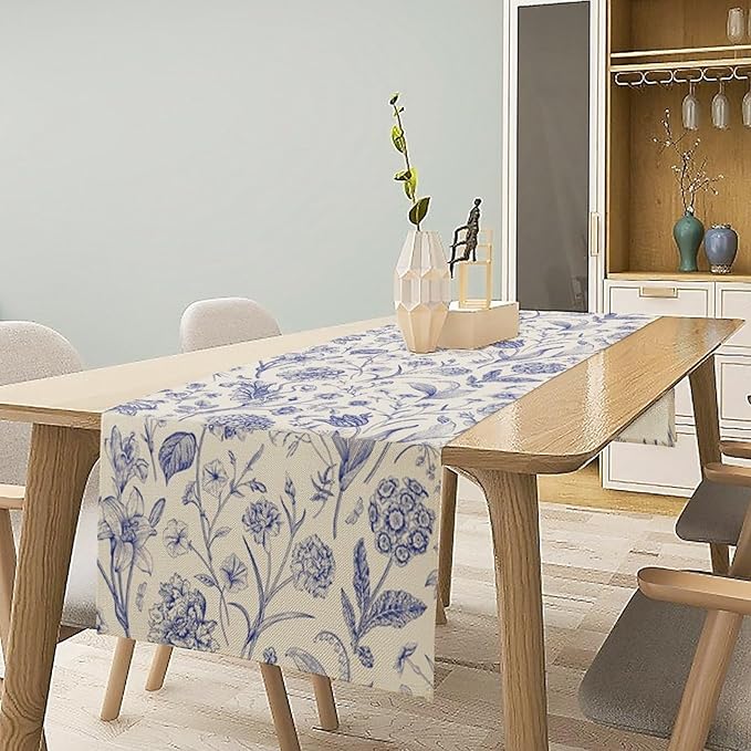 Monochrome Sketch Flowers Table Runner, Seasonal Spring Fall Plants Blue Florals Dinner Runner for Home Kitchen Dining Table Party Holiday Decoration 13"x60"