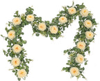 Dolicer 2Pcs 13Ft Artificial Eucalyptus Garlands with Flowers, Faux Floral Greenery Garlands Fake Flowers Vines for Wedding Centerpieces Arch Party Ceremony Backdrop Decor (Champagne)