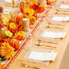 Festiva 350Pcs Clear Plastic Plates with Gold rim - Clear Gold Disposable Dinnerware for 50 Guests include 100 Square Plastic Plates 50Cups 50Cutlery 50Napkins Perfect for Thanksgiving Party&Wedding