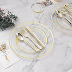 BESTVIP 450PCS Plastic Dinnerware Set (75 Guests), Clear Gold Disposable Plates for Party, Wedding, Christmas, Anniversary, Includes: Dinner Plates, Dessert Plates, Cups, Spoons, Forks and Knives