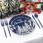 Supernal 150pcs Christmas Dinnerware Set - Blue and White Plates With Trees Design, Blue Silverware, Santa and Moose Silver Cups for New Year