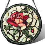 Stained Glass Window Hanging, Red Rose Flowers Sun Catcher for Door Garden Home Decor Suncatcher Christmas Mother's Day Birthday Gifts for Women Lovers Men Wife Girlfriend Mom Nana 6.3 in
