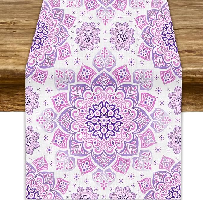 Purple Pink Mandala Table Runner, Traditional Indian Boho Mandala Flowers Print Table Runne for Kitchen Dining Table Office Wedding Party Holiday Home Decor, 13x108inch