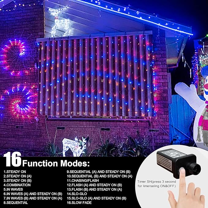 LAMPHOME 66ft Patriotic String Lights - Red White Blue Mini Lights, 200 LED Transparent Wire Fairy Starry String Lights Plug in, 11 Lighting Modes for Outdoor Tree Party Decoration (Red White Blue)