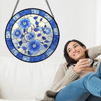 Stained Glass Window Hanging, Blue and White Plum Blossom Sun Catcher for Door Home Decor Flowers Suncatcher Christmas Mother's Day Birthday Gifts for Women Men Mom and Nana 11.8 in