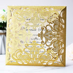 Hosmsua 6.3 x 6.3 Inch 50PCS Gold Glitter Laser Cut Wedding invitation Cards with Envelopes Hollow Lace Rose Invitation for Engagement Wedding Bridal Shower Invite (Gold Glitter)