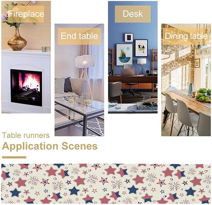 4th of July Table Runner, American Patriotic Independence Day Red Blue White Stars Stripes Fireworks Print Table Runner for Home Party Decor Kitchen Dining Table, 13x120inch