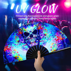SYNTECSO Folding Hand Fan for Rave, UV Glow Fan, Large Bamboo Fan for Drag Queen, Women and Men Gift，Chinese Japanese Clack Fan for Parties, Music Festivals, EDM and Decoration