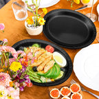 QZYL 50 Count Black Large Paper Plates, 12.2'' X 10.2'' Oval Disposable Plates, Daily Heavy Duty Dinnerware Party Decorations for Birthday Wedding Formal Dinner Holiday