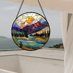 Stained Glass Window Hanging, Blue Lake Golden Sun Abstract Mountains Landscape Suncatcher for Doors Window Home Sun Catchers Decor Mother's Day Birthday Gifts for Women Men Mom 7.8 in