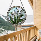 Stained Glass Window Hanging, White Green Lily of The Walley Flowers Sun Catcher for Door Home Decor Plants Suncatcher Christmas Mother's Day Birthday Gifts for Women Men Mom Nana 15 in
