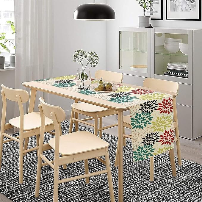 Abstract Red Dahlia Vintage Table Runner, Geometric Lines Mid Century Vintage Modern Colorful Table Runner for Party Kitchen Dining Living Room Laundry Room Decor, 13x108 Inch