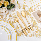 NOCCUR 700PCS Gold Disposable Dinnerware Set for 100 Guests - Plastic Plates for Party - Include 200 Gold Dinner/Dessert Plates, 100 Napkins, 100 Cups, 300 Plastic Silverware - Ideal for Wedding&Party