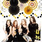 Black-Gold Graduation Party-Decorations - 33pcs Kits Banner, Streamers Tassel Garland,Tissue Pom Poms Honeycomb, Paper Lantern Fans,Wedding New Year Birthday Baby Shower Decor Hugtmr