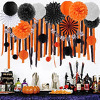 Black Orange White Halloween Party-Decorations - 14pc Kit Paper Lanterns Fan,Tissue Flower Pom Poms Streamers,Honeycomb Balls,Graduation 2024 Birthday Wedding Baby Bridal Shower Decor Lasting Surprise