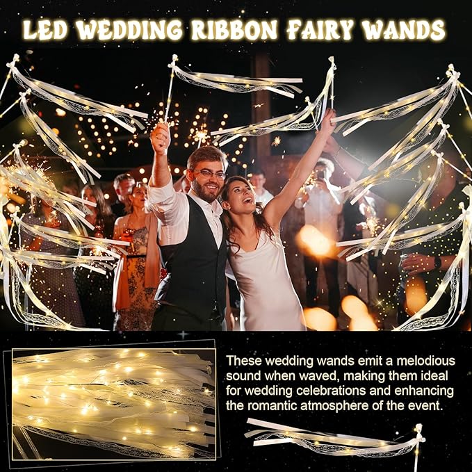 50 Pcs Wedding Wands Ribbon Streamers with 3 Colorful Flashing Modes, Light up LED Silk Fairy Wands, Glow Lace Stick with Bells for Wedding Reception, Graduation, New Year, Birthday Party (Warm White)
