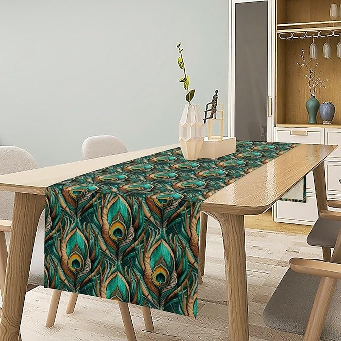 Peacock Feather Table Runner,Retro Aesthetic Green Table Runner for Home Kitchen Dining Party Indoor Outdoor Decoration 13x90 Inch