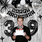 39th Birthday Decorations for Men Women, Black Silver Happy Birthday Party Decorations， 39 Year Old Party Supplies with Number 39 Balloons, Banner, Fringe Curtains Kit