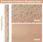 Ulmasinn Vintage Christmas Wrapping Paper Roll - Brown Kraft Paper 17" x33ft - with Cutting Line, Hand-Drawn Holiday Elements, Xmas Gift Wrap for Presents, Table Decor & Crafting