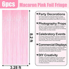 6 Pack Macaron Pink Foil Fringe Curtain Backdrop, 3.28Ft x 8.2Ft Metallic Tinsel Foil Fringe Streamer Curtains for Photo Booth, Birthday, Wedding, New Year Party Decorations
