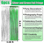 6 Pack Silver Green Foil Fringe Curtain Backdrop, 3.28Ft x 8.2Ft Metallic Tinsel Foil Fringe Streamer Curtains for Photo Booth, Birthday, Wedding, New Year Party Decorations