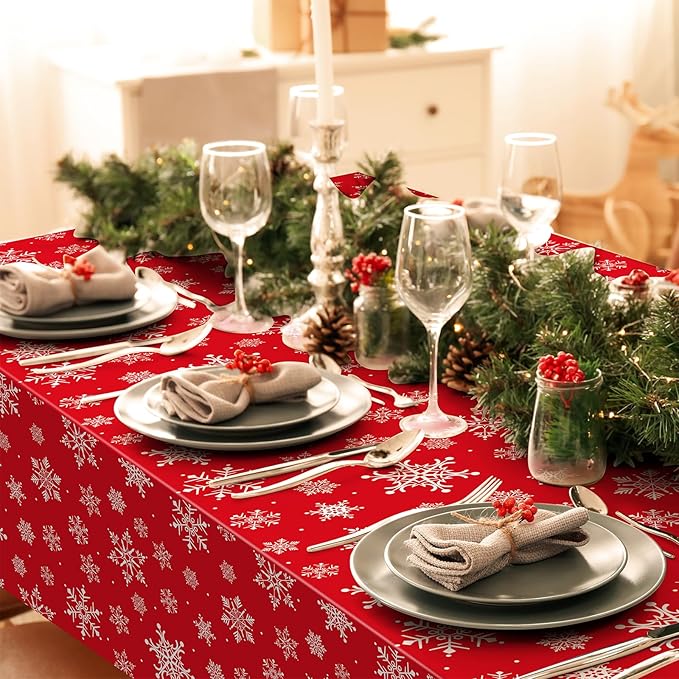 Jectivs 12 Pieces Christmas Snowflake Plastic Party Tablecloth Decorations,White Snowflake Red Xmas Backdrop Sign Table Cover Banner for Winter Christmas Holiday Party Supplies,54x108 inch (Red)