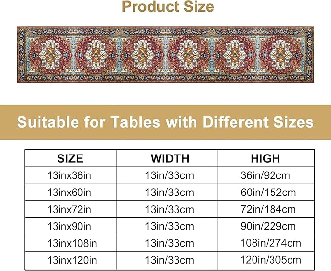 Vintage Boho Floral Table Runner, Rustic Country Farmhouse Red Blue Gold Retro Flower Pattern for Home Kitchen Table Decor Dining Coffee Room Party Decor 13x60in