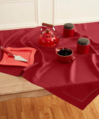 Solino Home Red Linen Tablecloth 52 x 52 Inch - 100% Pure Linen Square Table Throw - Classic Hemstitch, Machine Washable Table Cloth for Christmas