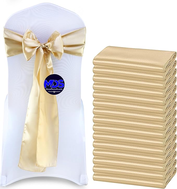 MDS Pack of 50 PCS Satin Chair Sashes Charmeuse Sateen Dining Chair Bows Ribbon Ties Back Sash for Wedding Party Birthday Home Hotel Restaurant Banquet Decoration (7 x 108 Inch, Champagne Gold)