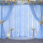 10x10ft Light Blue Chiffon Backdrop Curtain with Lights for Baby Shower Birthday Party, Sky Blue Curtain Backdrop with Lights for Wedding Parties Photo Shoot (5 x 10ft,2 Panels)