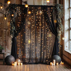 Fomcet Black Tulle Backdrop Curtains with Lights String 10FT X 8FT Sheer Curtain with Lights Tulle Curtains Backdrop for Wedding Birthday Party Baby Shower Photo Shoot (2 Panels 5x8FT)