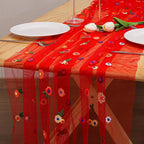BINBE 12pcs Daisy Fall Table Runner Embroidery Gauze 10FT Florals Seasonal Tulle Holiday Birthday Kitchen Dining Table Decor for Home Party Red