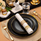 Supernal 350pcs Black & Gold Plastic Dinnerware Set, Elegant Black Plates with Golden Edges, Gold Plastic Silverware, Durable Tableware Perfect for Birthdays, Parties, Wedding, Celebration