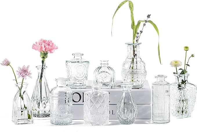Vintage Small Vases for Flowers Set of 10, Mini Bud Vases for Flowers,Clear Small Vases in Bulk for Centerpieces Decorations,Wedding Party Home Coffee Table Flower Decor (Clear)