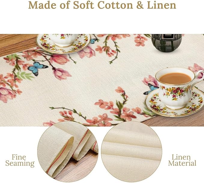 Spring Floral Bird Table Runner, Watercolor Pink Flower Plants Nature Butterfly Table Runner for Kitchen Dinner Living Room Home Party, 13x36 Inch