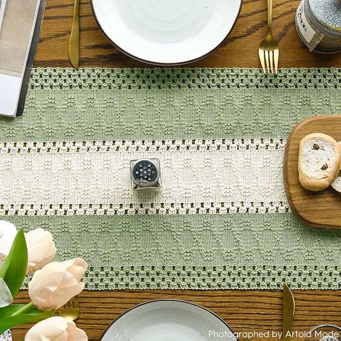 Artoid Mode Light Green Farmhouse Rustic Table Runner, Seasonal Hollow Kitchen Dining Table Decoration for Home Party Decor 12x48 Inch