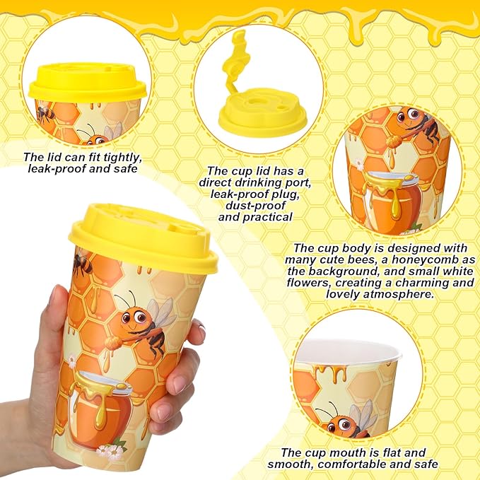 Yungyan 36 Sets Honey Bee Party Favors Goodie Cups with Lids and Straws for Birthday Decorations Reusable 16oz Plastic Candy Cups Plastic Straws for Birthday Party(Bee)