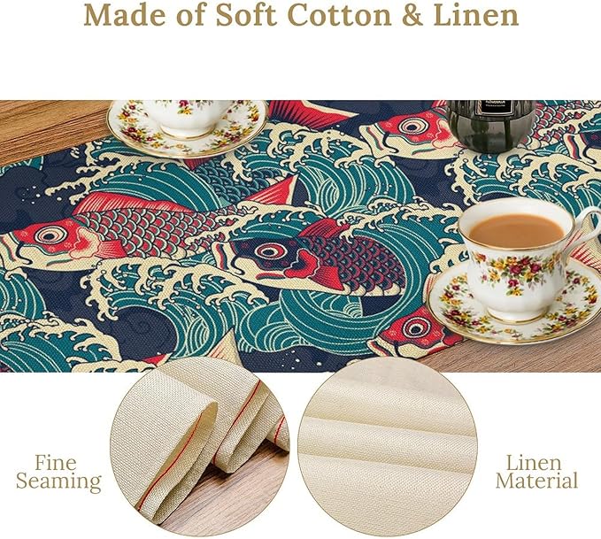 Kio Fish Table Runner Waves Japanese Tradition Art Printed Burlap Runner Home Kitchen Dining Table Living Room Decor Fabric 1 Panel W13xL70in