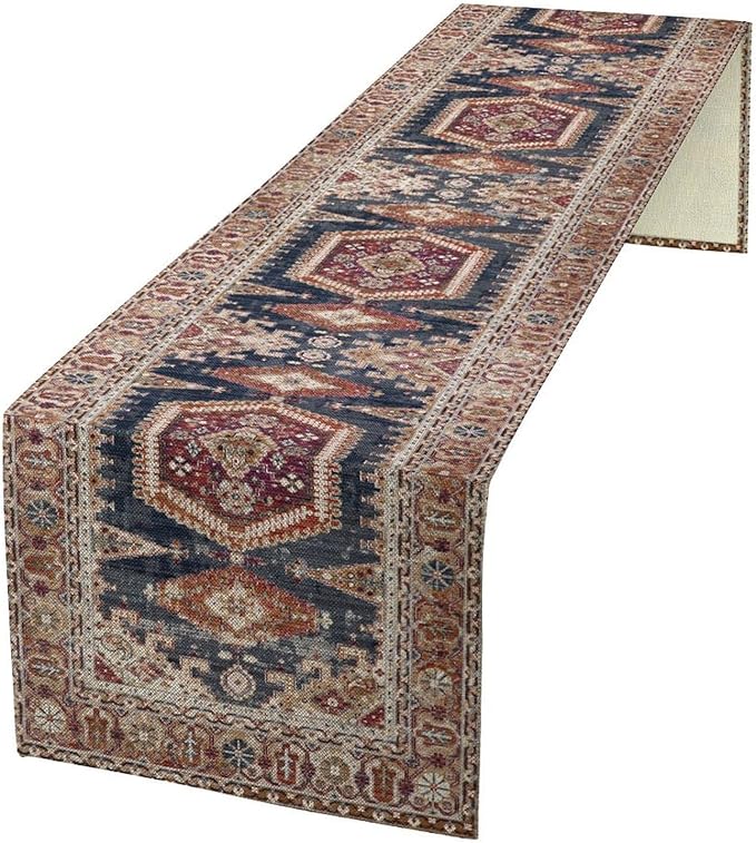 Vintage Boho Table Runner,Flower Geometric Design Rustic Farmhouse Table Runner for Home Farmhouse Kitchen Table Dining Coffee Room Garden Party Wedding Decor 13x60in