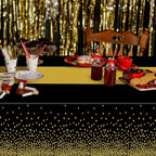 4Pack Black and Gold Tablecloths for Events, 54" x 108" Plastic Table Cloth Disposable for Rectangle Tables, Waterproof Table Cloth Cover for New Years Eve Decorations Holiday Birthday Wedding Dining