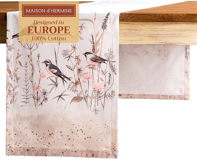 Maison d' Hermine Table runner 100% Cotton Single Layer Table Runners 72 inches long Decorative for Home Kitchen Dining Party Wedding Bridal Shower Spring Summer (Meadow Florals - Brown, 14.50" x 72")