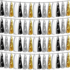 4P Black Gold Silver Foil Fringe Metallic Tassel Garland, Tassels Banner Streamers for Parade Floats, Bachelorette, Wedding, Birthday, Halloween, Christmas, Bridal/Baby Shower Party Decorations