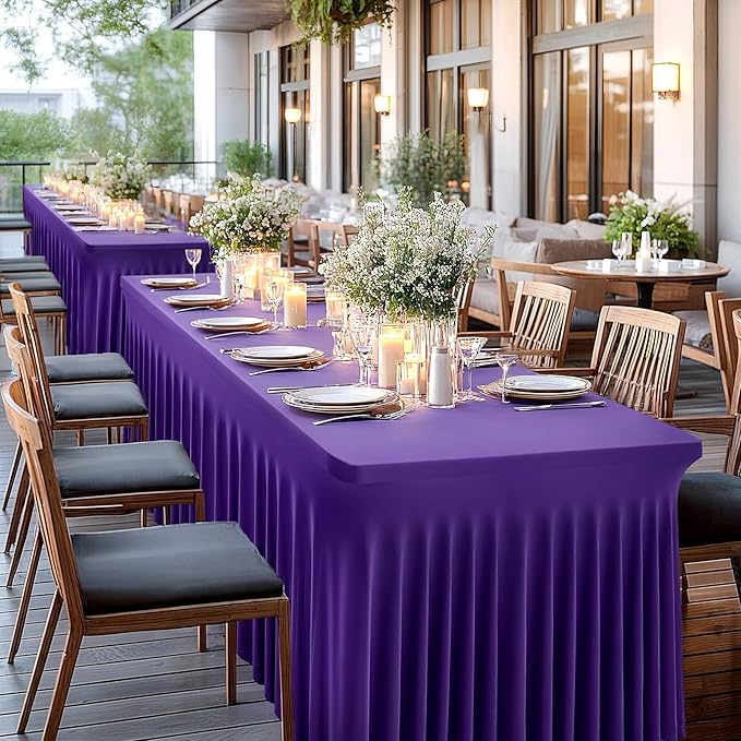 Wish Care 2 Pack Dark Purple Spandex Table Clothes for 8 Foot Rectangle Tables, 8FT Wrinkle Free Fitted Tablecloths Ruffles Design Table Cover for Party, Banquet, Wedding and Events