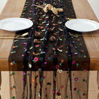 JIALE 3 Pack Black Floral Table Runner, Embroidery Daisy Seasonal Table Decorations, 120Inch 10FT Tulle Fabric for Home Decor, Bridal Shower Wedding, Baby Shower Parties, DIY Craft