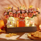 VAIPI Fall Decor Mason Jar Centerpiece Table Decorations with 3 Jar Flowers String Lights and Wooden Tray Fall Decorations for Home Dining Room Farmhouse Autumn Wedding Kitchen Living Room Bathroom