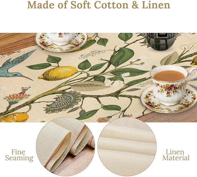 Table Runner with Flowers and Birds, Spring Plant Flowers Table Decoration Linen Table Runner Family Party Party Decorations 13x36 Inches