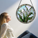 Stained Glass Window Hanging, White Green Lily of The Walley Flowers Sun Catcher for Door Home Decor Plants Suncatcher Christmas Mother's Day Birthday Gifts for Women Men Mom Nana 7.8 in
