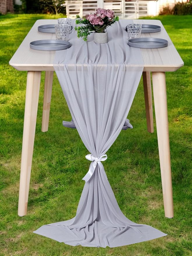 MDS 15 Pack 10ft Chiffon Table Runner 29 x 120 Inches Sheer Wedding Runner Romantic Rustic Table Runner for Wedding Decorations, Birthday Parties, Bridal Shower Party Arch Decor - Cool Gray