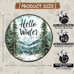 Round Christmas Metal Tin Sign Hello Winter Sign Christmas Pine Trees Welcome Door Sign Xmas Winter Holiday Farmhouse Rustic Wreath Sign for Indoor Outdoor Home Wall Window Decor 12*12 in
