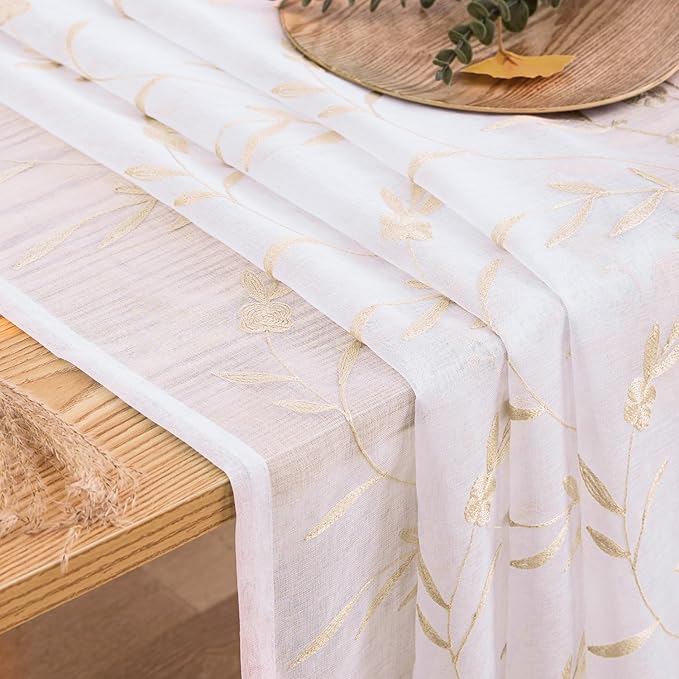 Sheer Curtains 45 Inches White-Beige Floral Embroidery Rod Pocket Voile Drapes for Living room, Bedroom, Window Treatments Lace Outdoor Curtain Panels for Yard, Kitchen, Villa, Set of 2, 52"x 45".